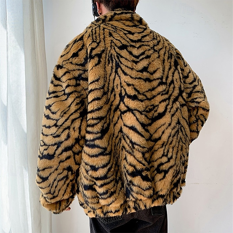 Voor heren Winterjack Jas van imitatiebont Vakantie Dagelijks Thermisch Warm Fleece Herfst Winter Luipaard Modieus Streetwear Opstaand Normaal Wit Geel Jacks 2026 - $80.99 –P5