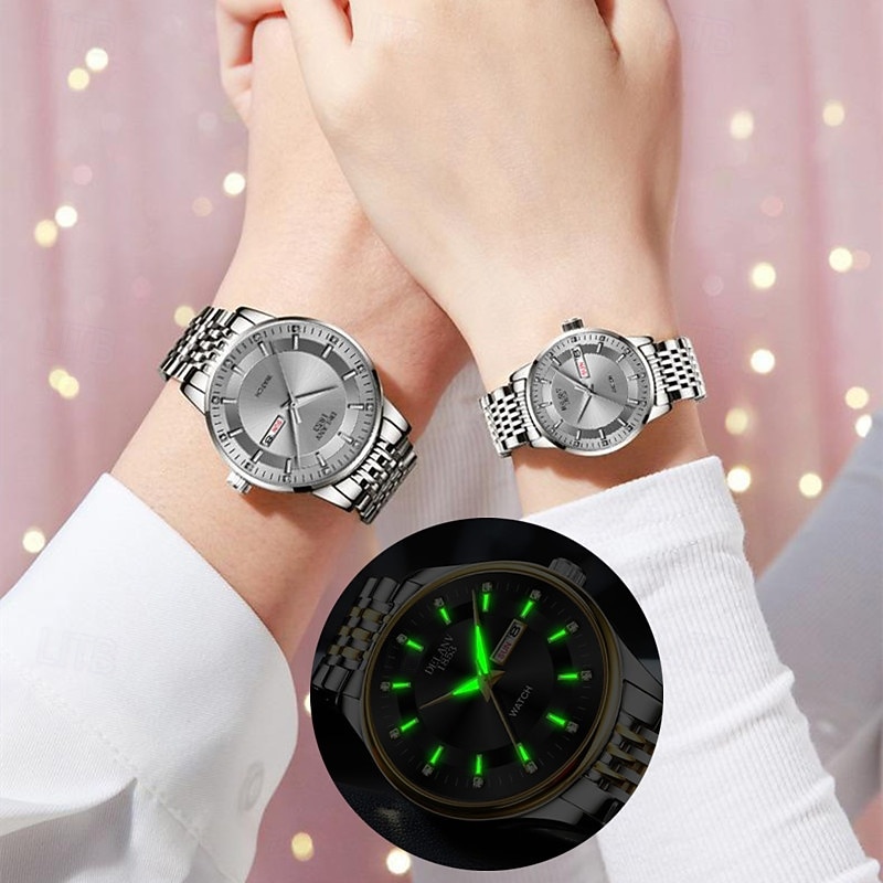 Două ceasuri noi și la modă cu cuarț pentru cupluri - carcasă din oțel inoxidabil, rezistență la apă IPX7, calendar dublu luminescent, dată și afișaj duminică/luni, curea din aliaj - cadou ideal 2025 - $24.99 –P11