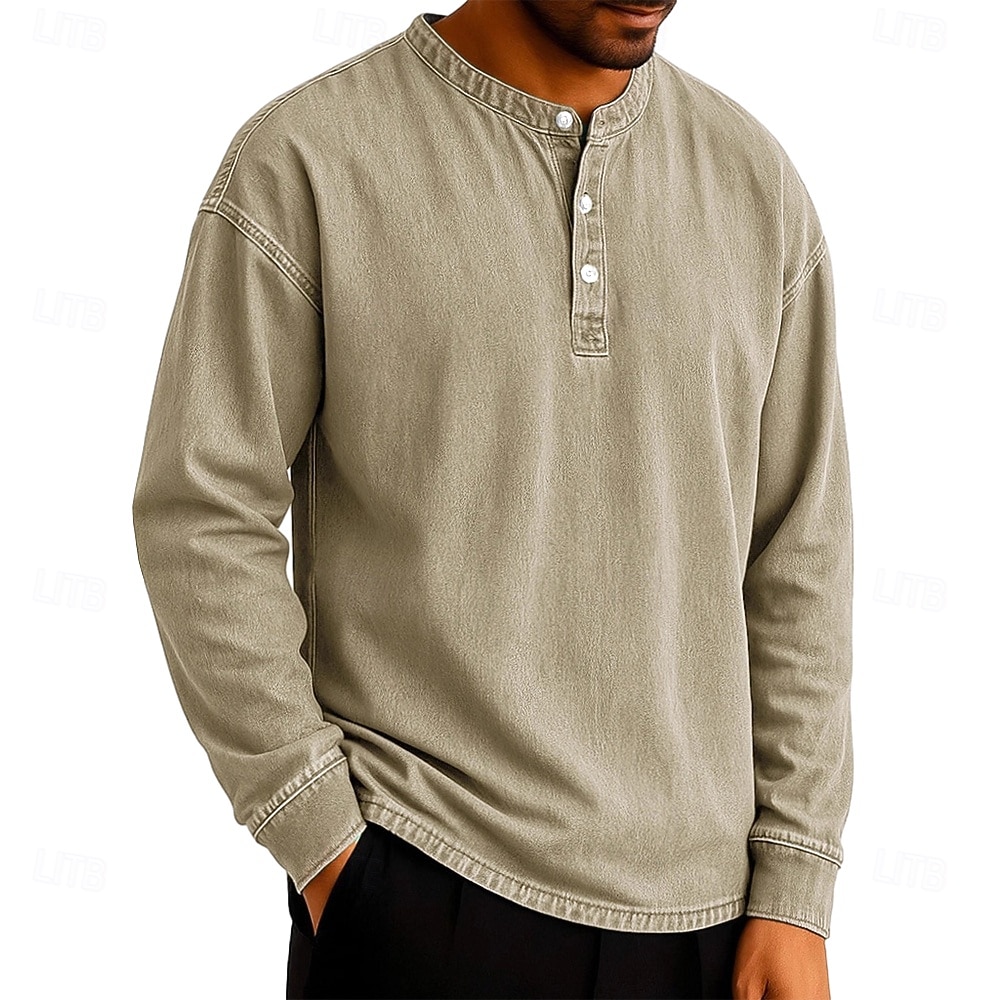 SoftFade™ Pánské tričko Henley T-shirt Tee dlouhý rukáv jednobarevné vintage retro ležérní styl obarvené vybledlé Henley ležérní jaro podzim černá šedá světle modrá Henley T-Shirt 2026 - $29.99 –P3