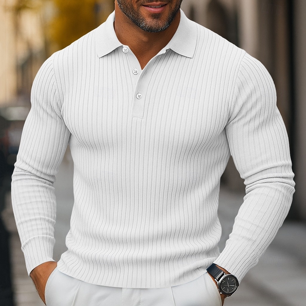 3 db-os férfi bordás kötésű felső golf pólóing többes csomag utcai lezser hajtókás hosszú ujjú alapvető modern egyszínű gombos tavasz ősz minden évszak karcsúsított bordás kötésű felső 2025 - $59.99 –P4