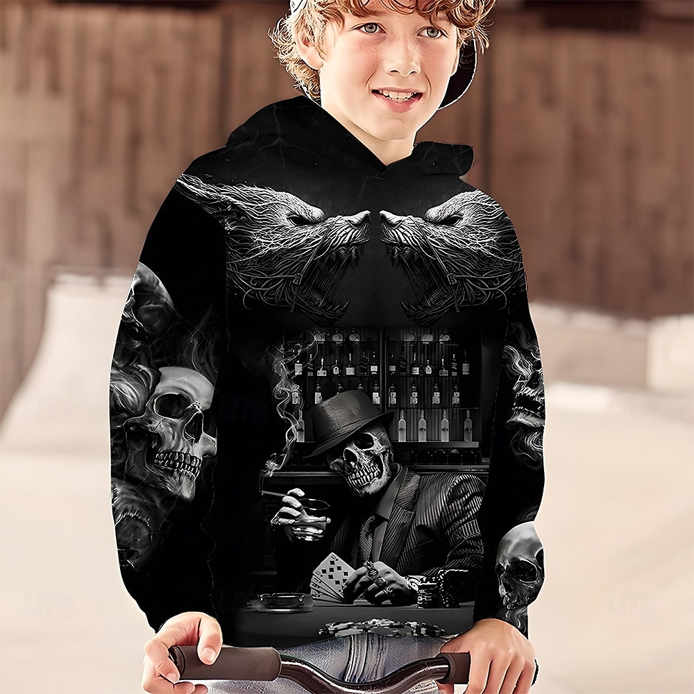 Barn Gutt Halloween Hattetrøje Langermet 3D-utskrift Hodeskaller Lomme Svart Grå Fuksia Barn Topper Høst Aktiv utendørs Halloween Normal 4-12 år 2025 - $17.49 –P7