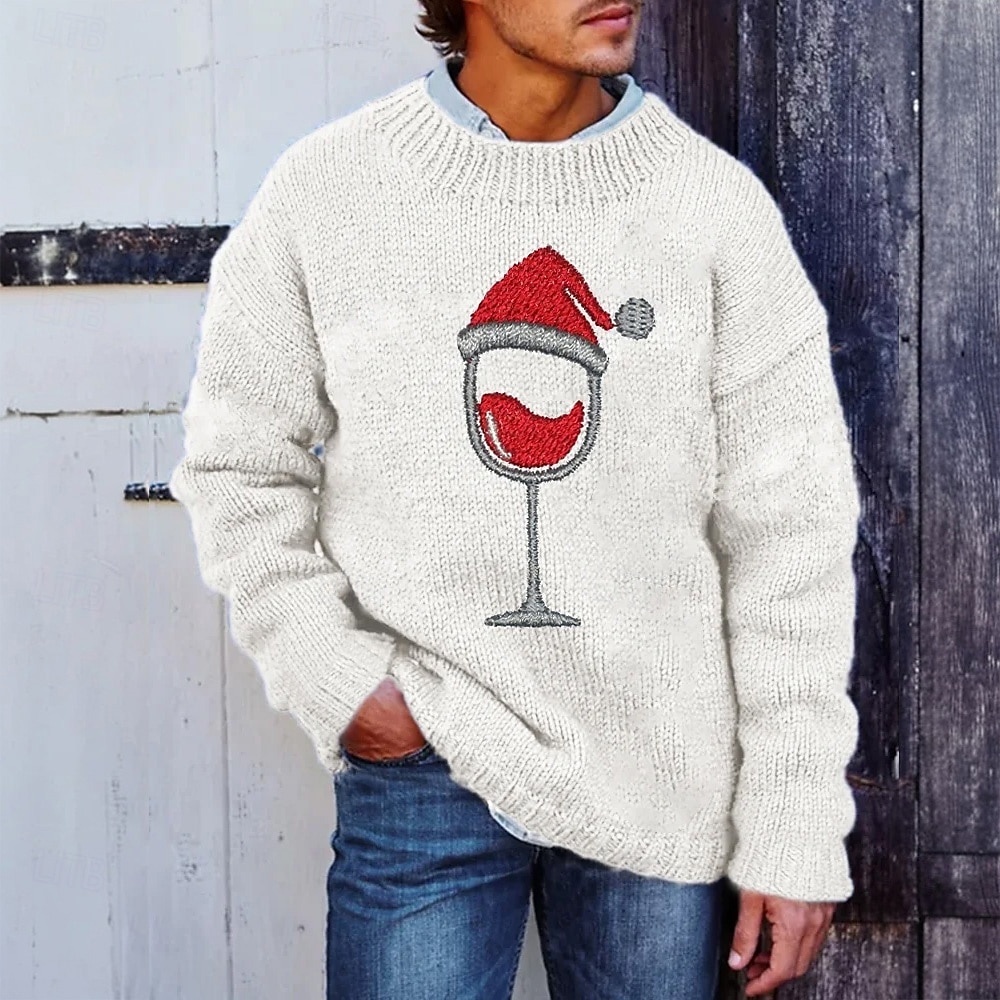 Hässlicher Weihnachtspullover Herren Weinglas Pullover Strickware Rundhalsausschnitt Lässig Urlaub Straße Täglich 3D-Druck Stricken warm halten Langarm Frühling Herbst Winter Weiß Rote Blau 2025 - $36.99 –P1