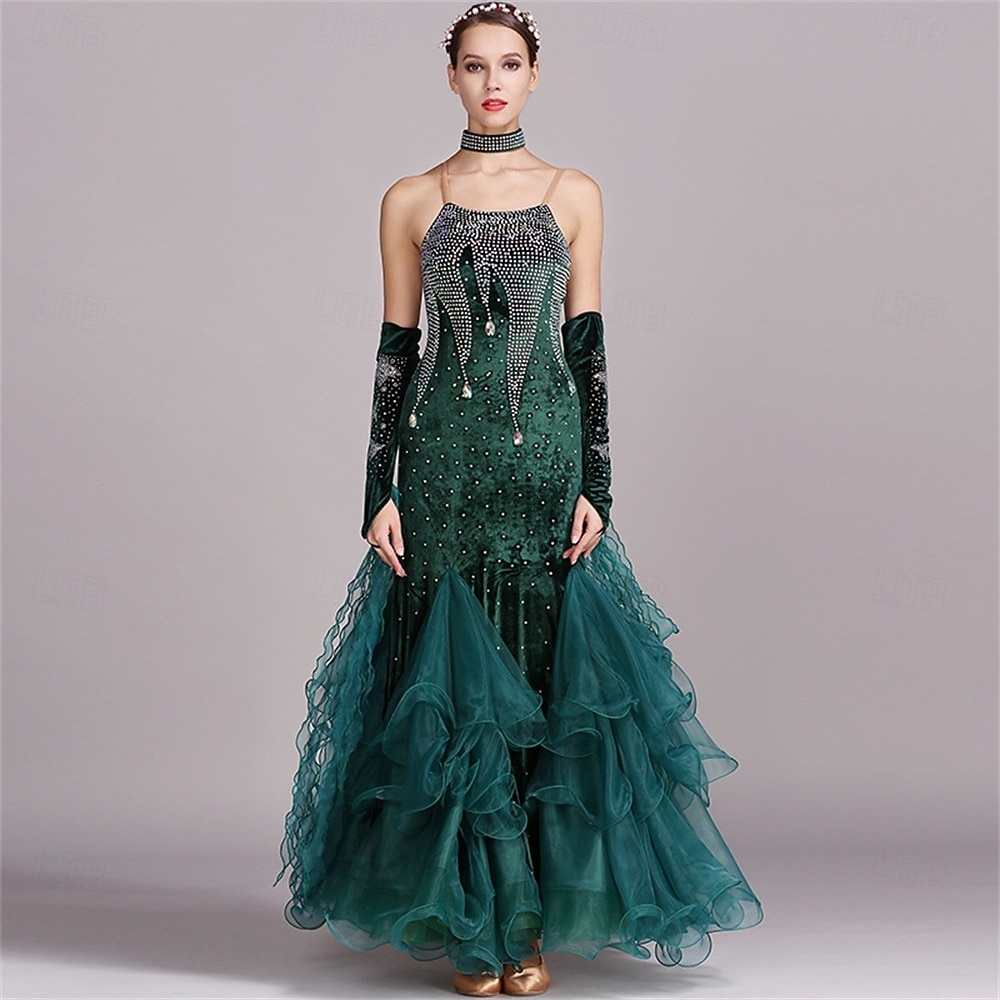 abito da ballo da sala da donna, verde smeraldo, in organza di velluto a rete con strass, a strati, per tango, valzer, foxtrot, competizione del 2026 a $225.69 –P2