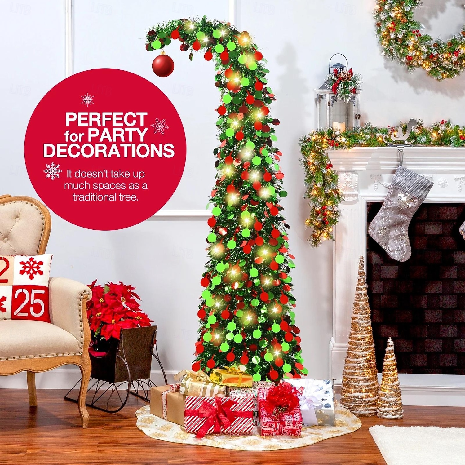 Christmas crooked neck red and green decorative circular Christmas tree 5M50Leds warm light string indoor apartment living room porch holiday decorative light 5FT 2025 - CAD $40.99 –P10