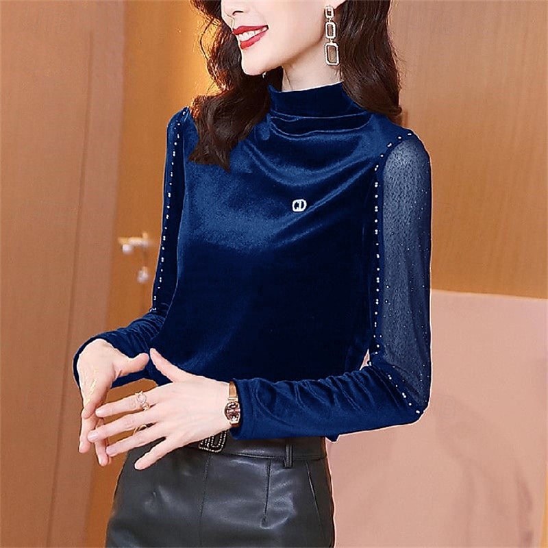 Dame Fløyel Bluse Dressy topper عادي Elegant Årgang damer Halvlange ermer Høyhalset Vanlige topper Arbeid Daglig Ferie Rynket Perler Netting Svart Rød Blå Lilla Høst Vinter 2025 - $23.99 –P3