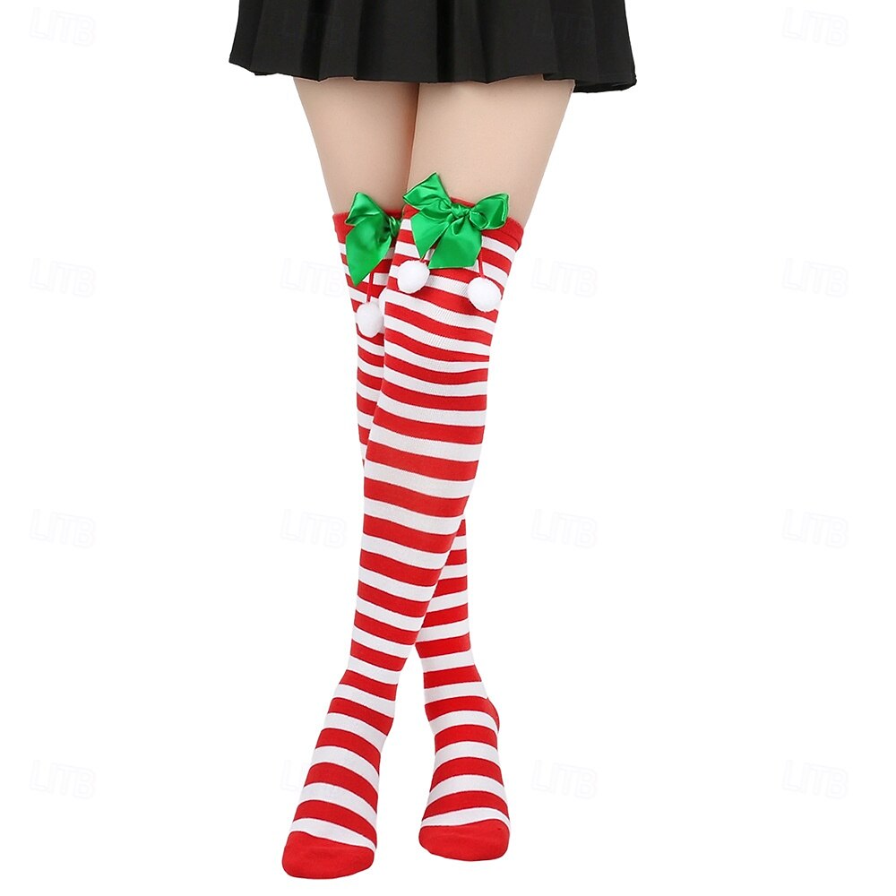Dámské vánoční ponožky do stehen, sada 4 párů, pruhované &Jednobarevné červené sváteční punčochy s mašlemi a bambulkami, slavnostní ponožky nad kolena na zimní večírky &dárky 2026 - $18.99 –P10