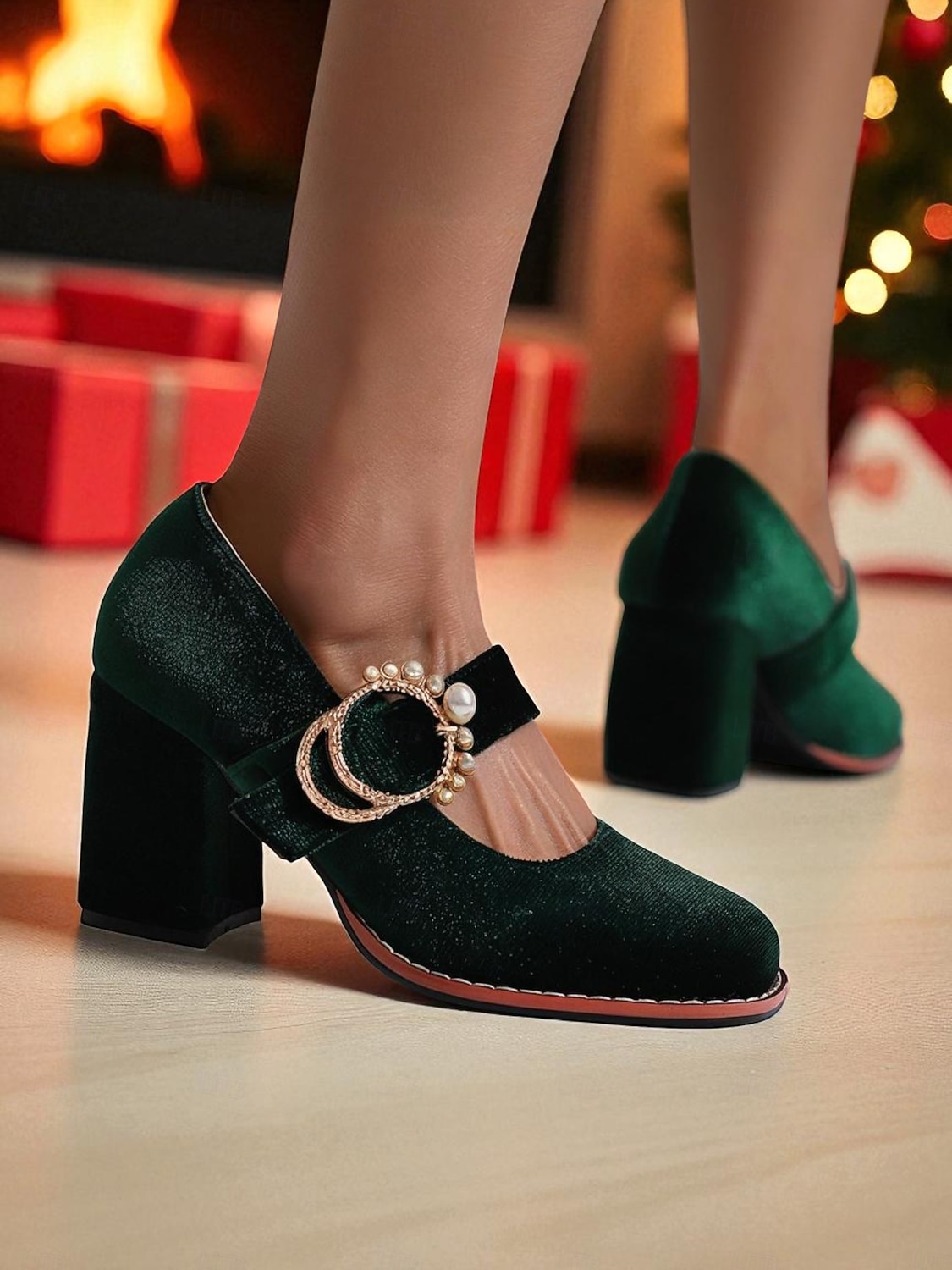 Gröna Mary Jane-klackar i sammet med grov blockklack och pärlspänne - vintage retro-skor från 1950-talet för damer, perfekta för julfester och bröllop. &kvällsevenemang 2026 - $54.99 –P4