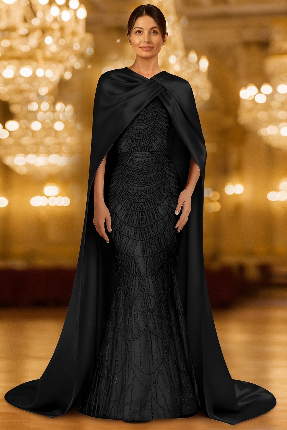 Schlauchkleid Bodenlang Ballkleid mit Cape Abendkleid Festliche Kleidung Elegant Vintage Glitzernd Ärmellos Rundhalsausschnitt Formell Hochzeit Champagnerfarbenes Brautmutterkleid Satin 2025 - $169.99 –P3