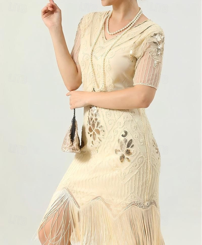 Set Anni Ruggenti Anni 1920 Lunghezza al ginocchio Abito Flapper Abito da cocktail Costume di fantasia con accessori Maniche corte Il grande Gatsby Ragazza Flapper Paillettes Frangia con nappe Scollo del 2026 a $52.99 –P5