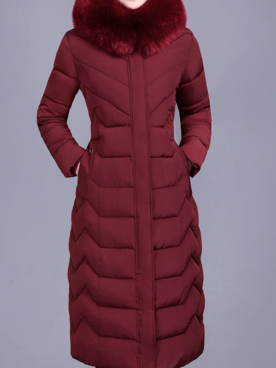 Dam Anorak Bekväm Andningsfunktion Dragkedja Ficka Knappar Pälskrage Ledigt Slät Semester Gata Ledigt Dagliga kläder Dragkedja Lång Huva Normal Långärmad Ytterkläder Svart Vin Rubinrött Vår Höst 2025 - $71.99 –P10