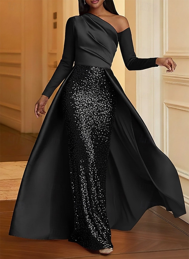Mermaid Trumpet Floor Length Evening Gown Ball Gown with Overskirt Formal Dress Elegant Glittering Sparkle Long Sleeve One Shoulder Wedding Formal Stretch Satin Sequined with Glitter 2026 - $195.99 –P4