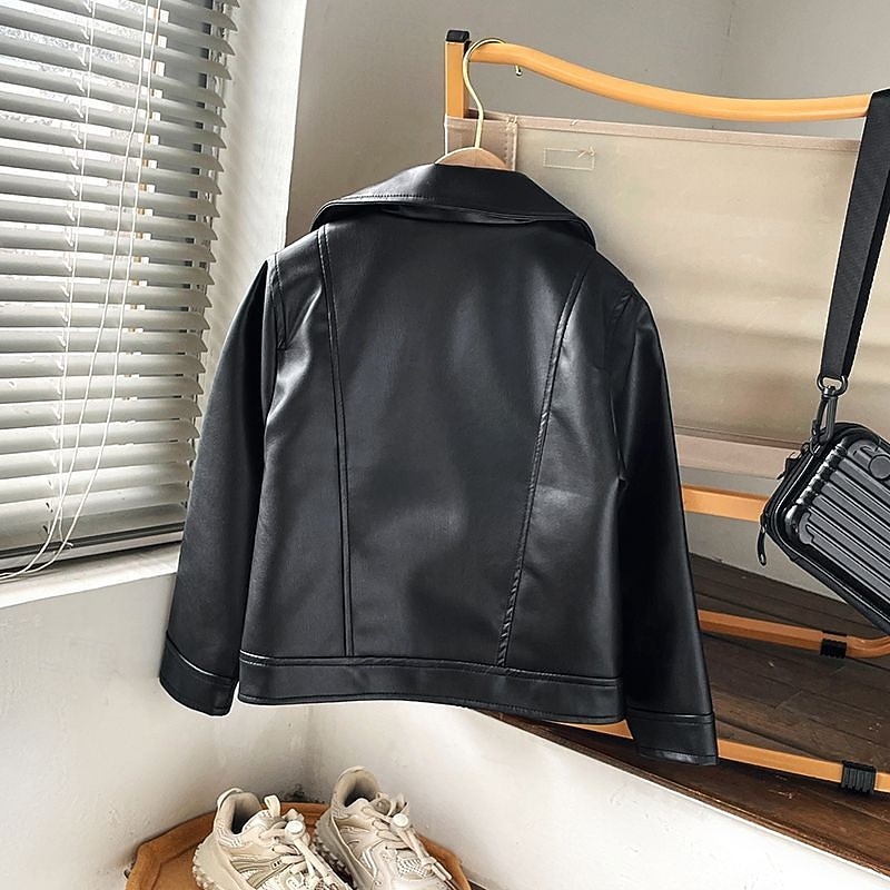 Infantil Para Meninas Jaqueta de couro preta Jaqueta Côr Sólida Moda Zíper Bolsos Ao ar livre Casaco agasalhos 4-12 anos Outono Preto de 2025 por $30.99 –P2