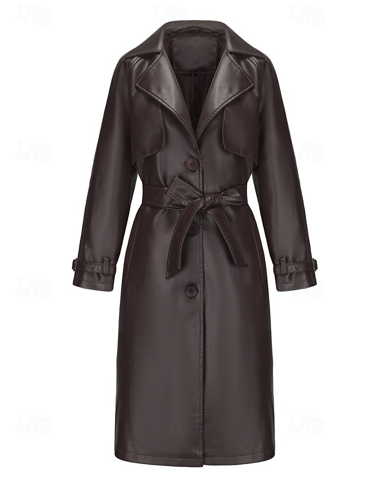 Dam Imitationsläderjacka Trenchcoat Bekväm Ficka Knappar Ledigt Slät Semester Dagliga kläder Utekväll Helgen Lång Nedvikt Normal Långärmad Ytterkläder Marin Svart Kamel Vår Höst 2025 - $68.99 –P16