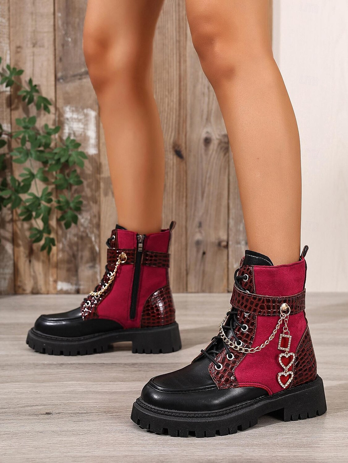 Модные армейские ботинки на массивном каблуке с цепочкой в форме сердца – бордовые и черные 2026 - $46.99 –P6
