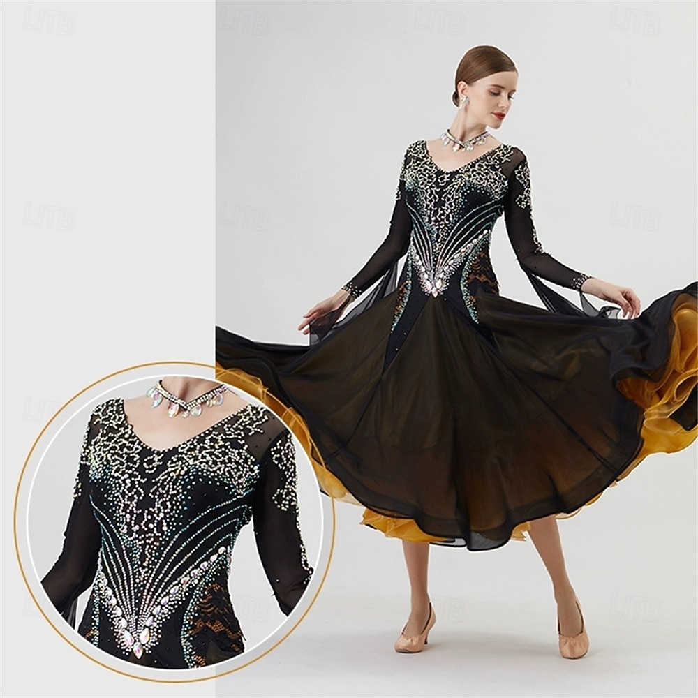 Women's Ballroom Dance Dress Rhinestone Mesh Long Sleeve Waltz Tango Competition Performance Gown with Layered Gold Hem – Black Gold 2025 - $590.89 –P5