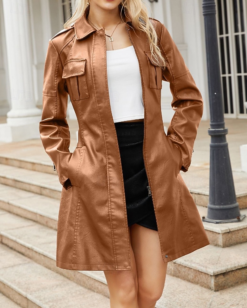 Dam Imitationsläderjacka Trenchcoat Bekväm Knappar Ledigt Slät Utomhus Semester Helgdag Utekväll Lång Nedvikt Normal Långärmad Ytterkläder Svart Vin Kamel Vår Höst 2025 - $71.99 –P18