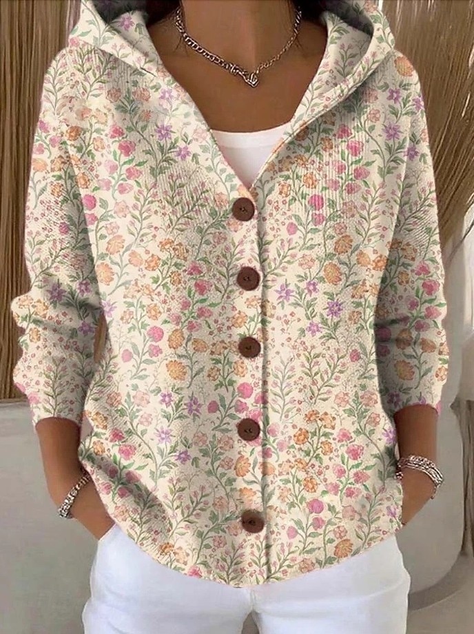 Women's Sweater Daily Floral Hooded Print Long Sleeve Regular Tops Knit Daily White Light Green Spring Fall 2025 - $37.99 –P1