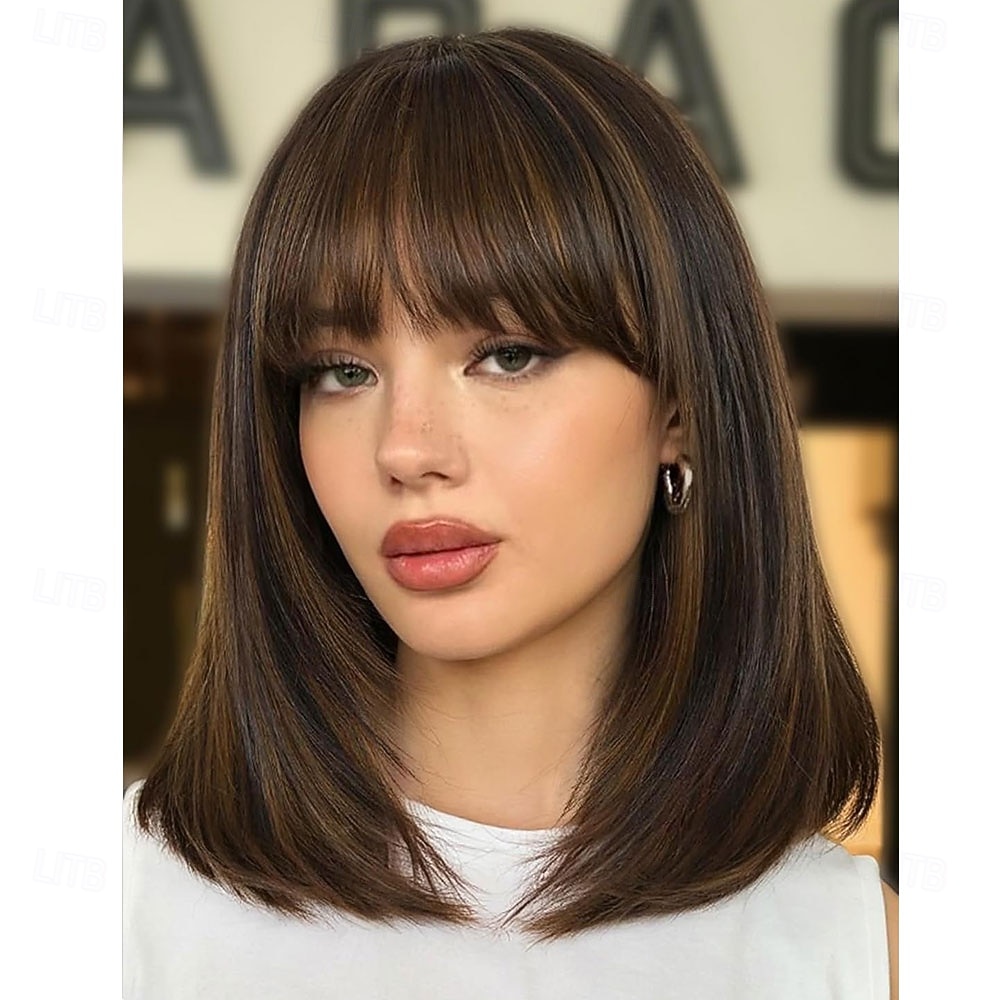 Highlight gelaagde pruiken met pony 14 inch kort gemengd bruin lijmloos kant-en-klare rechte synthetische bobpruiken voor vrouwen realistische hoofdhuid dagelijks cosplaygebruik 2026 - $21.99 –P1
