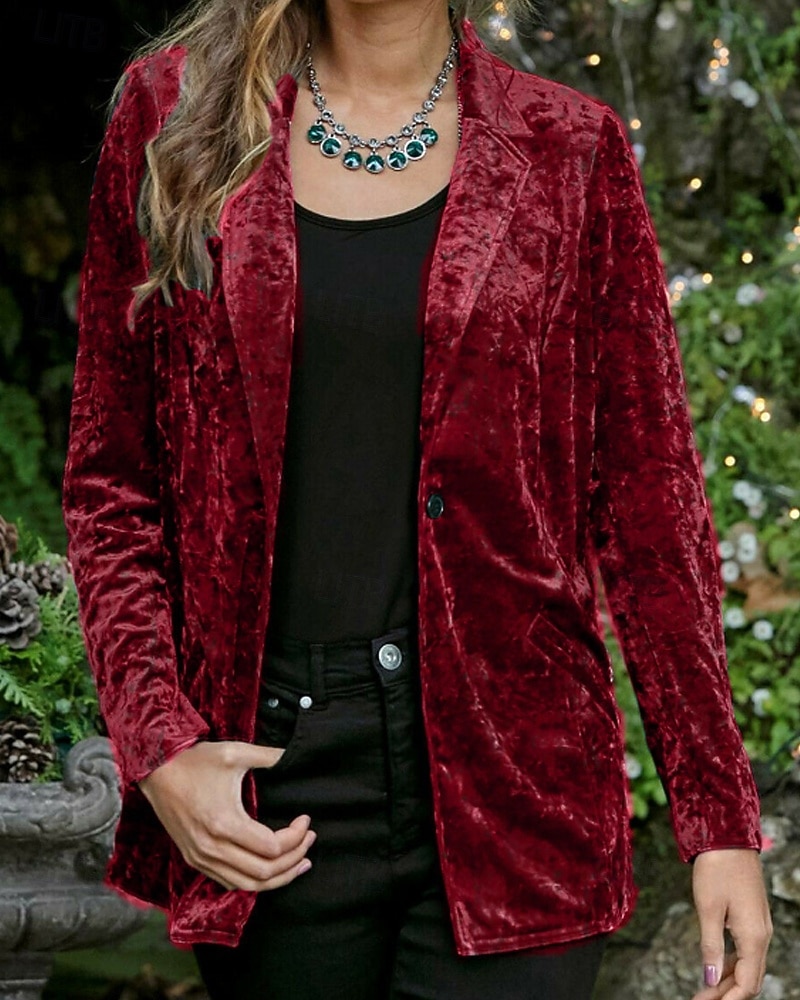 Damen Blazer Samtblazer Bequem Tasche Knöpfe Mode Einfach Party Party / Abend Regulär Umlegekragen Normale Passform Langarm Oberbekleidung Marineblau Schwarz Wein Frühling Herbst 2025 - $28.99 –P11