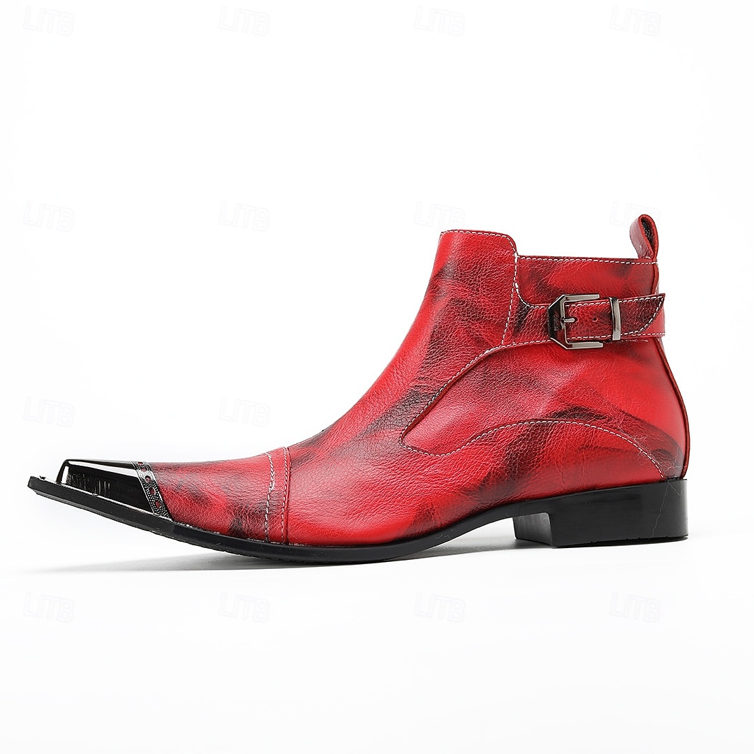Men's Red Leather Boots with Buckle Detail and Pointed Toe – Perfect for Christmas Gatherings and Festive Events 2025 - $149.99 –P3