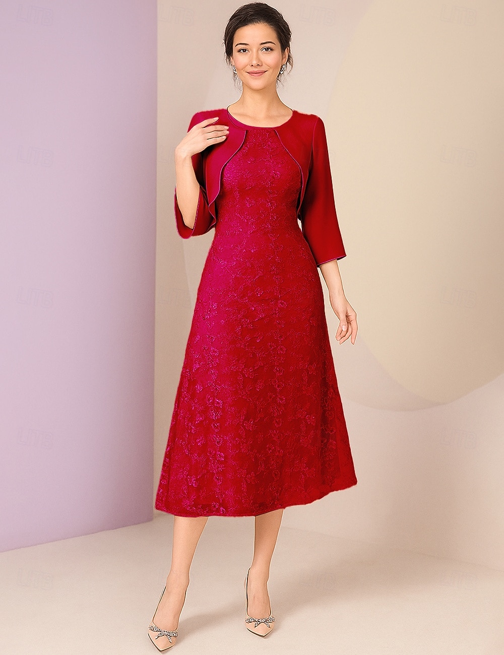 Vestido de fiesta A-line hasta el tobillo vestido de cóctel vestido de invitada de boda vestido de madre de la novia manga 3/4 escote redondo elegante formal encaje con encaje 2026 - $103.99 –P13