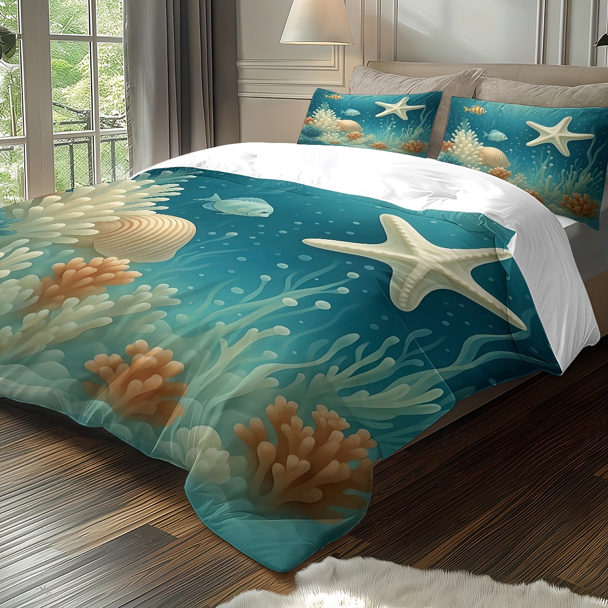 Unterwasserwelt Seestern &3-teiliges Daunenbettbezug-Set mit Oktopus-Motiv für Queensize-Betten, weicher Bettbezug mit 2 Kissenbezügen – Hotel &Gästezimmerbettwäsche, gemütlich & komfortabel 2026 - $37.99 –P3