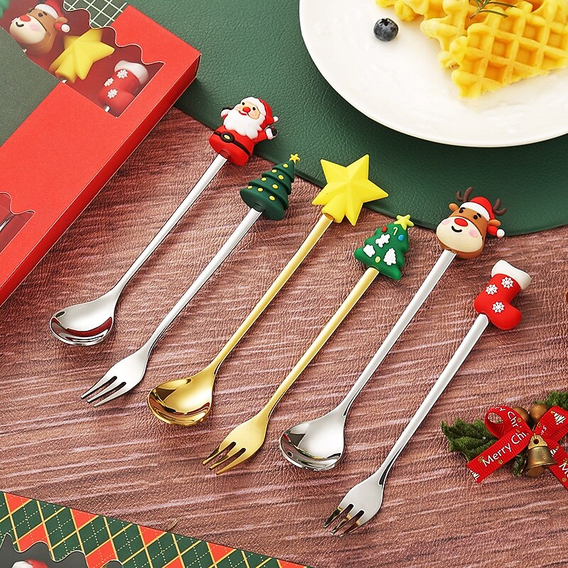 6Pcs Christmas Spoon and Fork Set Stainless Steel Christmas Tree Tea Coffee Dessert Ice Cream Tableware Creative Cutlery Gift for Home Holiday Party 2025 - $15.49 –P2