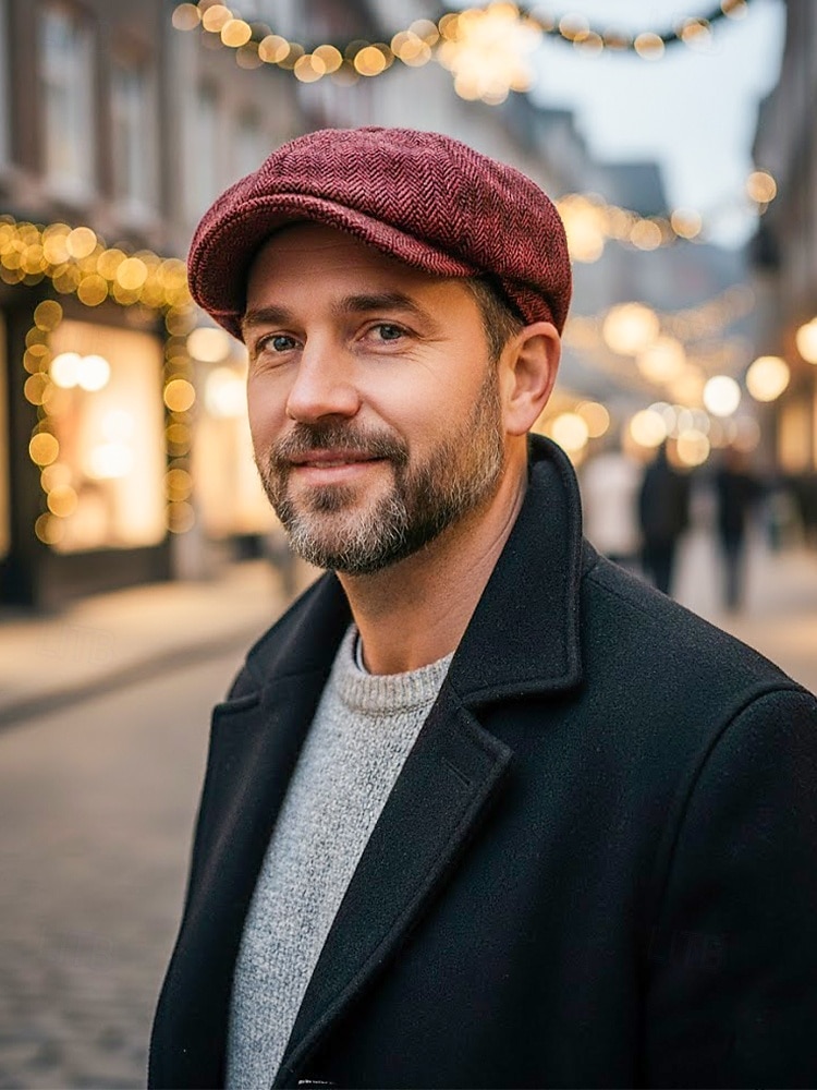 Miesten jouluinen kalanruotokuvioinen newsboy-lippis, vintage-villasekoitteinen litteä lippis klassisella 8-paneelisella muotoilulla, monivärinen gatsby-tyylinen hattu talveksi, lomalle ja vapaa-aikaan 2026 - $18.99 –P2
