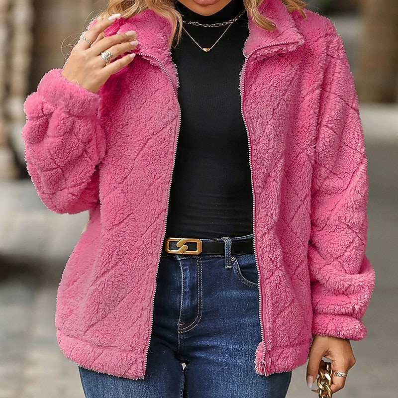 Dámské Zimní kabát Teddy Coat Zahřívací Pohodlné Zip Kapsy Na běžné nošení Pevná barva Vánoce Dovolená ulice Ležérní Standardní Přehnutý Běžný Dlouhý rukáv Svrchní oděvy Černá Rubínově červená Khaki 2025 - $35.99 –P6