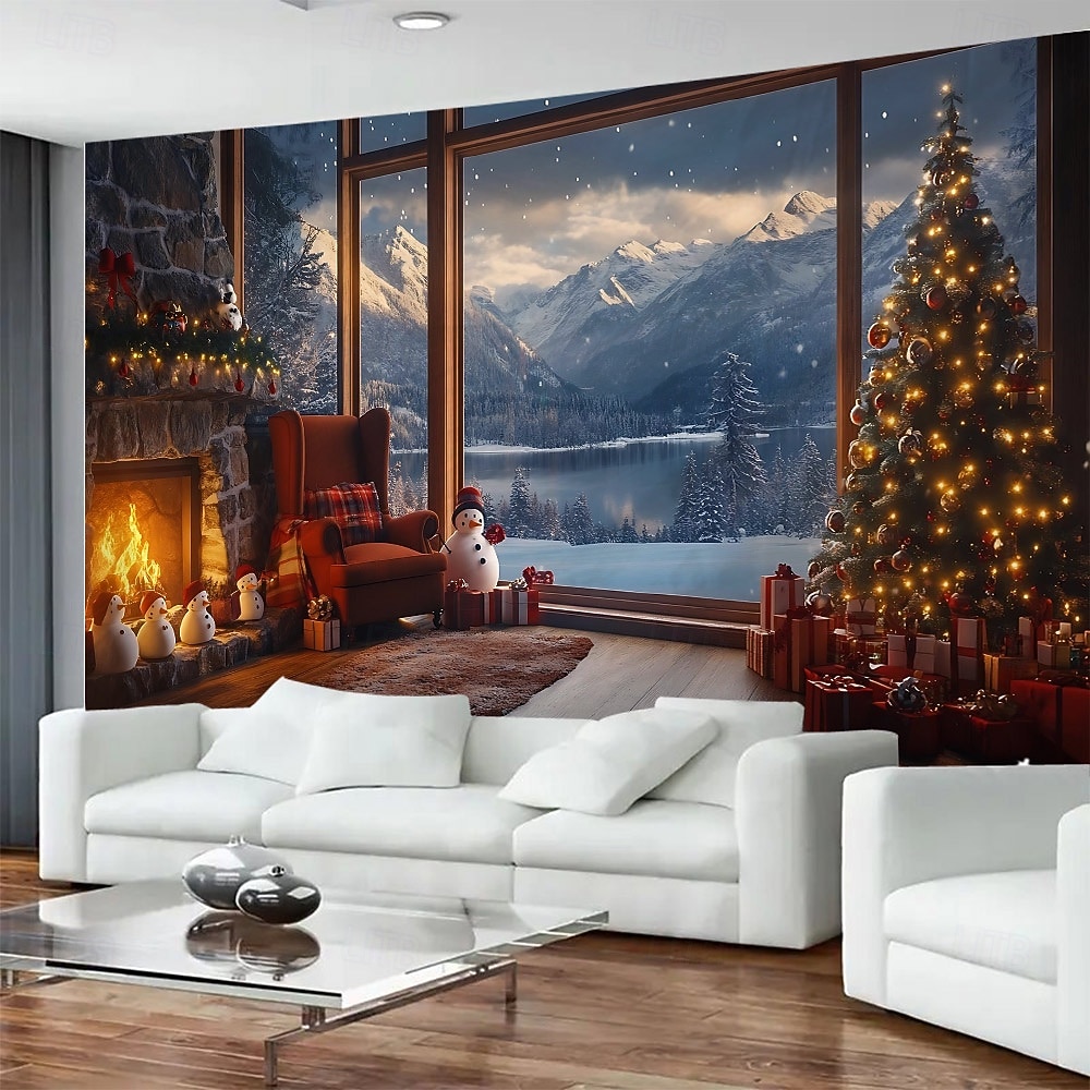 2026年 クリスマスの暖炉 &窓の風景のタペストリー、大きな壁掛け壁画