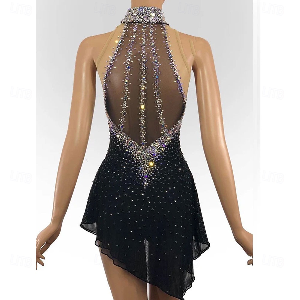 Vestido de patinação artística para mulheres, vestido de patinação no gelo para meninas, preto, elástico, treinamento, competição, patinação, roupa térmica, quente, cristal/strass, sem mangas, de 2026 por $561.89 –P2