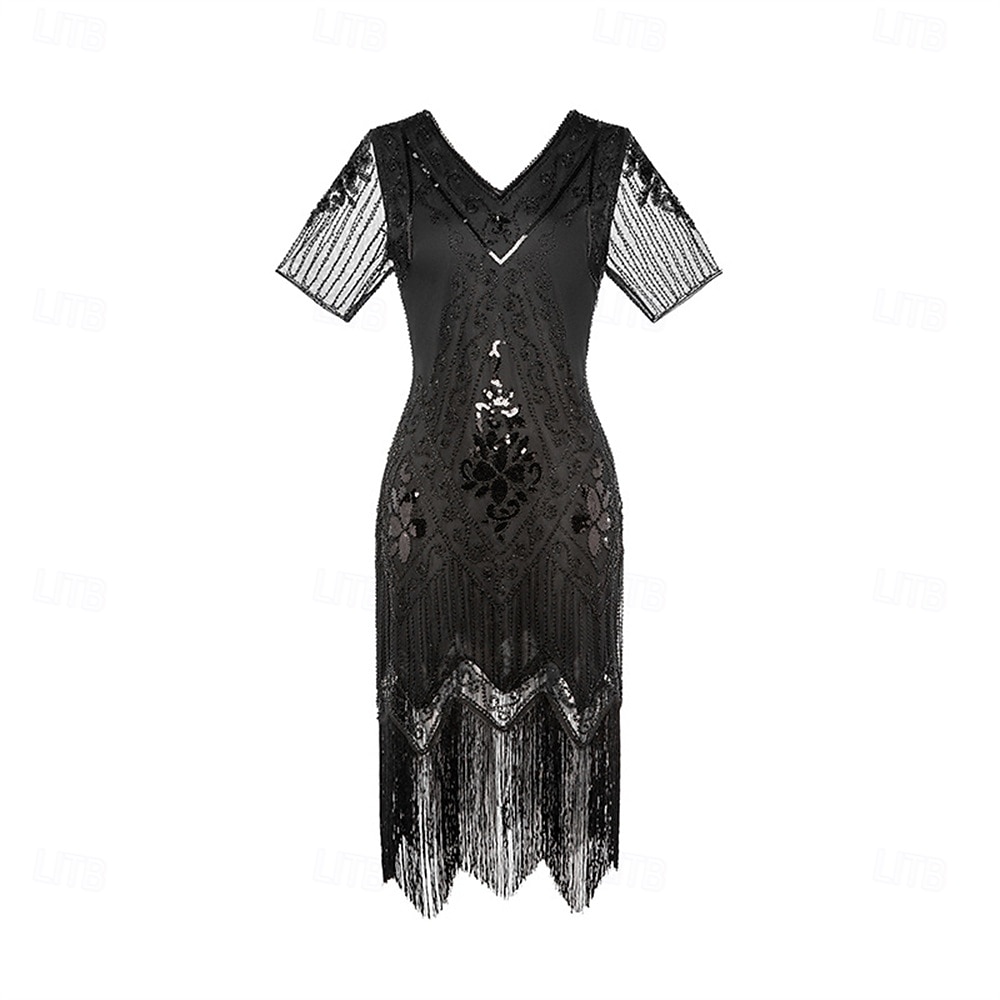 2026年 セット 20代の轟音 1920年代風 膝丈 フラップワンピース 二次会ドレス / カクテルドレス ファンシーコスチューム アクセサリー付き 半袖 グレートギャツビー フラッパーガール スパンコール タッセル Ｖネック 仮装 女性用 クリスマス 新年 パーティー スピークイージー マスカレード 成人 ドレス グローブ イヤリング  コレクション – $57.99 –P4