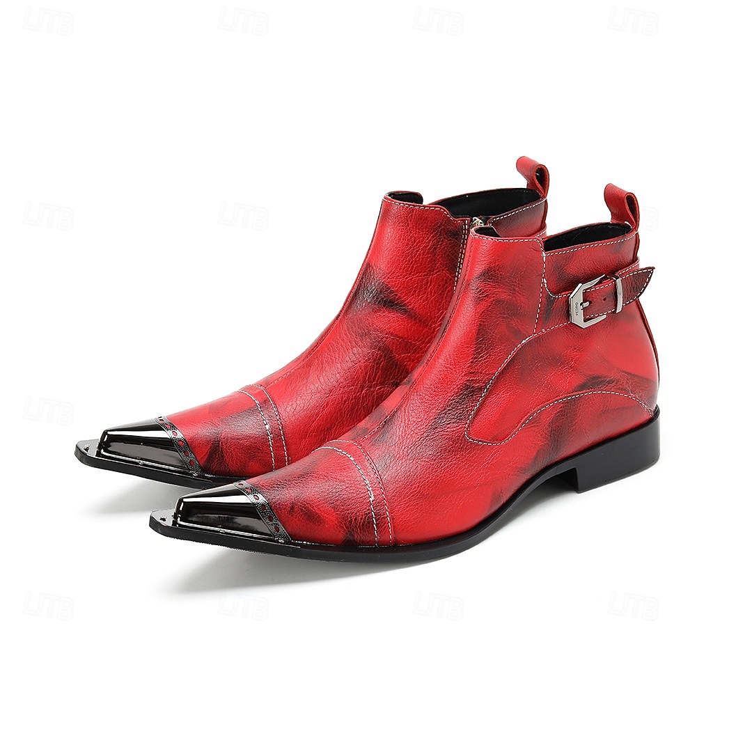 Men's Red Leather Boots with Buckle Detail and Pointed Toe – Perfect for Christmas Gatherings and Festive Events 2025 - $149.99 –P1
