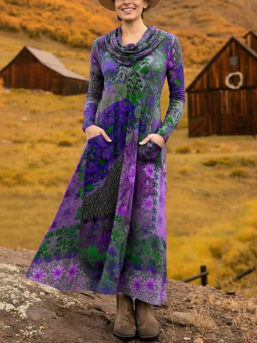 2026年 女性用 ミディドレス シースドレス A ラインドレス フィット＆フレアドレス 旅行度假风 パーティー カジュアル オフィス 日常 デート レギュラー フラワー グラフィック 長袖 カウルネック パープル ブラウン グリーン 春 秋 冬  コレクション – $41.99 –P2