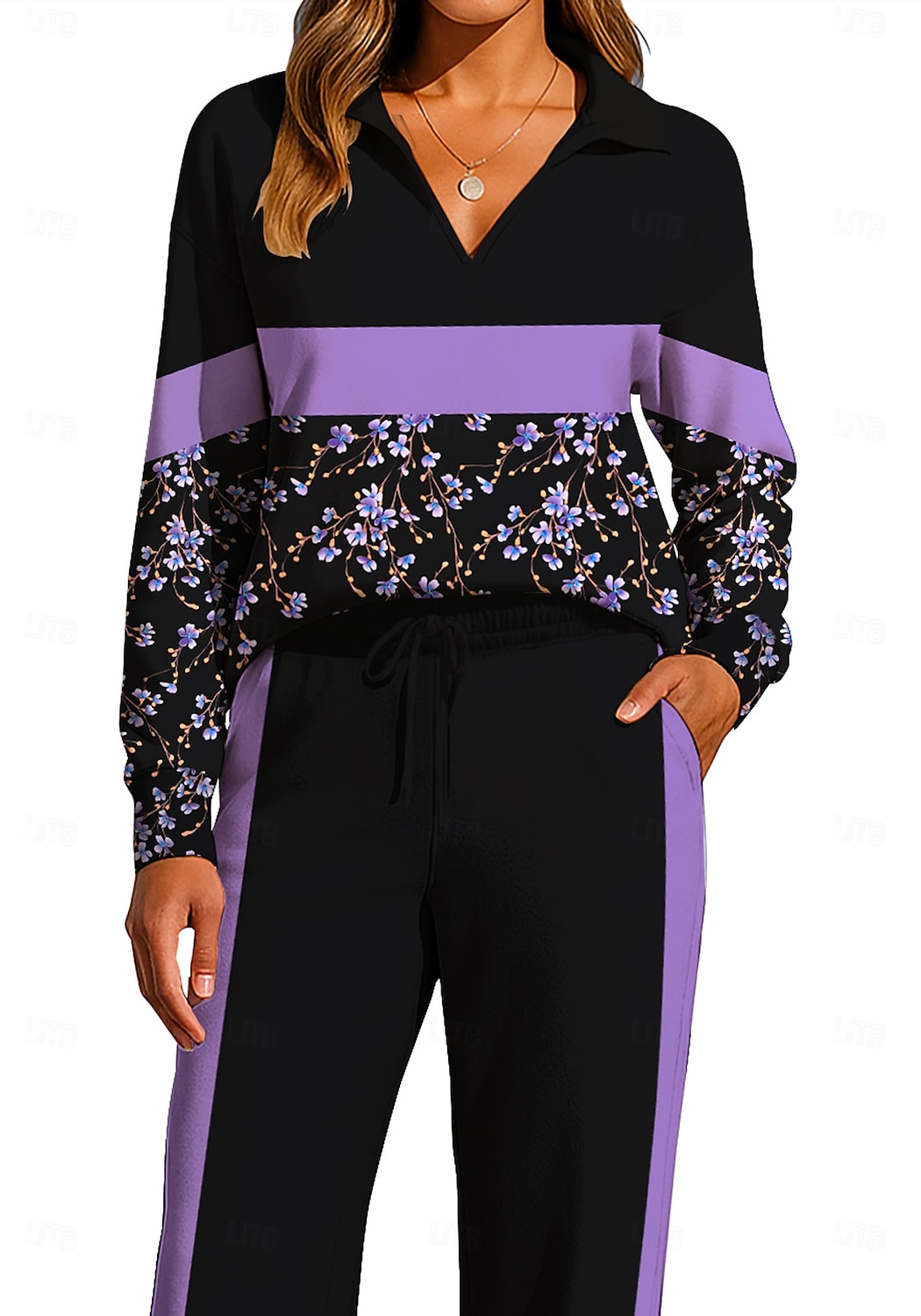 Women's Sweatshirt Tracksuit Sweatpants Drawstring Pocket Floral Jacket and Sweatpants Athletic Clothing Set Loungewear Summer Spring Fall Winter Blue / Black Violet Gym Workout Casual Workout 2026 - $44.99 –P4