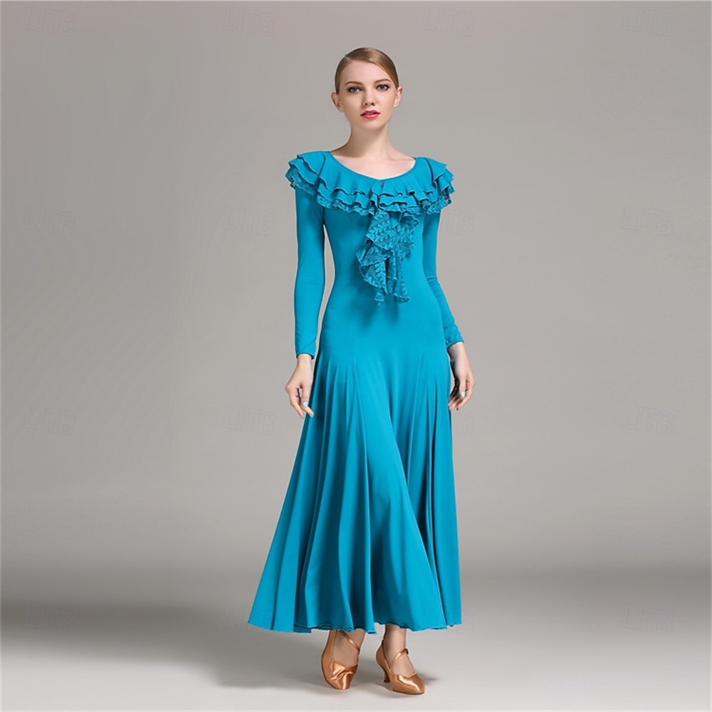 Elegant Blue Ballroom Dance Dress with Ruffled Neckline and Long Sleeves for Latin and Social Dancing 2026 - $116.99 –P6