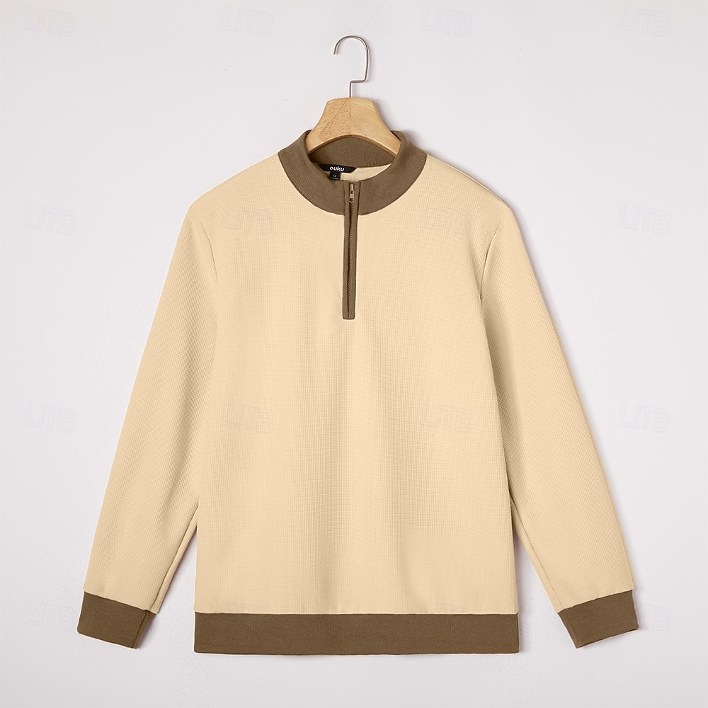 Per uomo Maglietta Waffle Maglietta Manica Lunga Collo alla coreana Tutte le stagioni Blocco di colori Tradizionale / Vintage Casual Con zip All'aperto Casa Sport & Outdoor Cachi Maglietta Top per del 2026 a $25.99 –P1