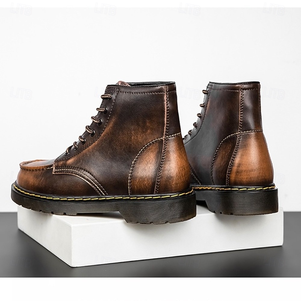 Botas de trabalho masculinas de couro bordô com cadarço, botas de combate vintage casuais de cano curto, duráveis para atividades ao ar livre &sapatos de uso diário de 2026 por $59.99 –P6