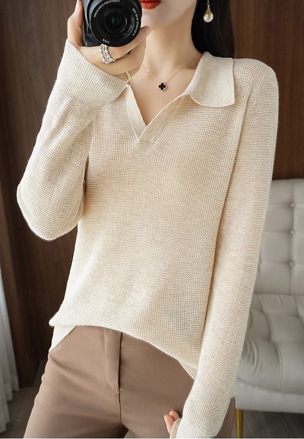 Női Pulóver Elegáns Napi Stílusos Polo gallér Kötött Hosszú ujj Normál felsők Kötött Napi Hétvége Fekete Fehér Tavasz Ősz 2025 - $31.99 –P3