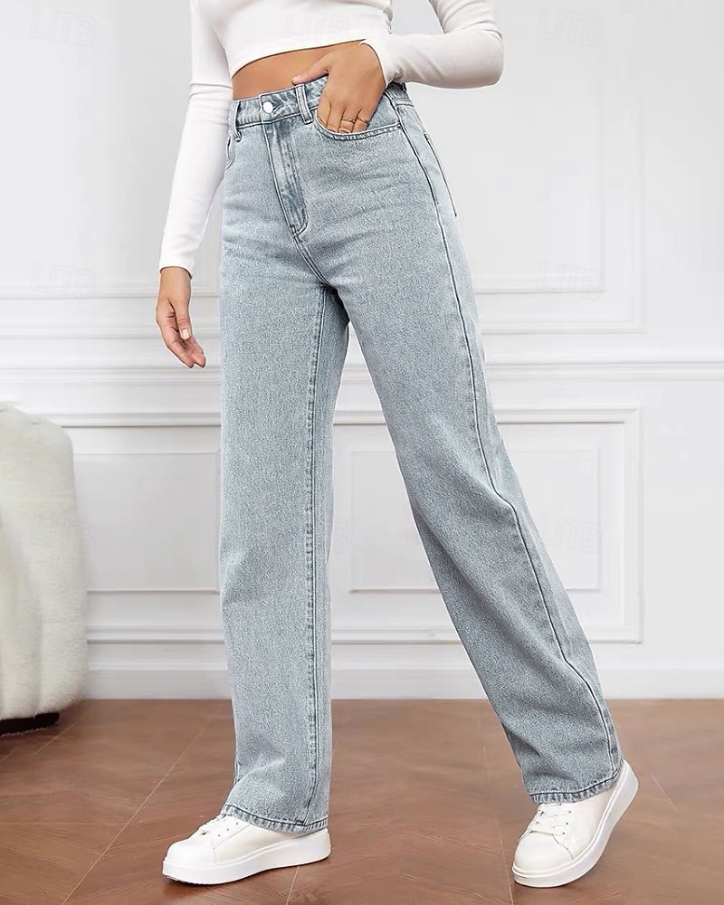 Dame Jeans kinesisk Rett Ferie Årgang Gatemote Full lengde Middels midje عادي Lomme Elastisk midje Bekvem Uelastisk Mikroelastisk utendørs Gate Daglig Svart Grå Marine Svart Hvit Høst Vinter Normal 2025 - $9.99 –P3