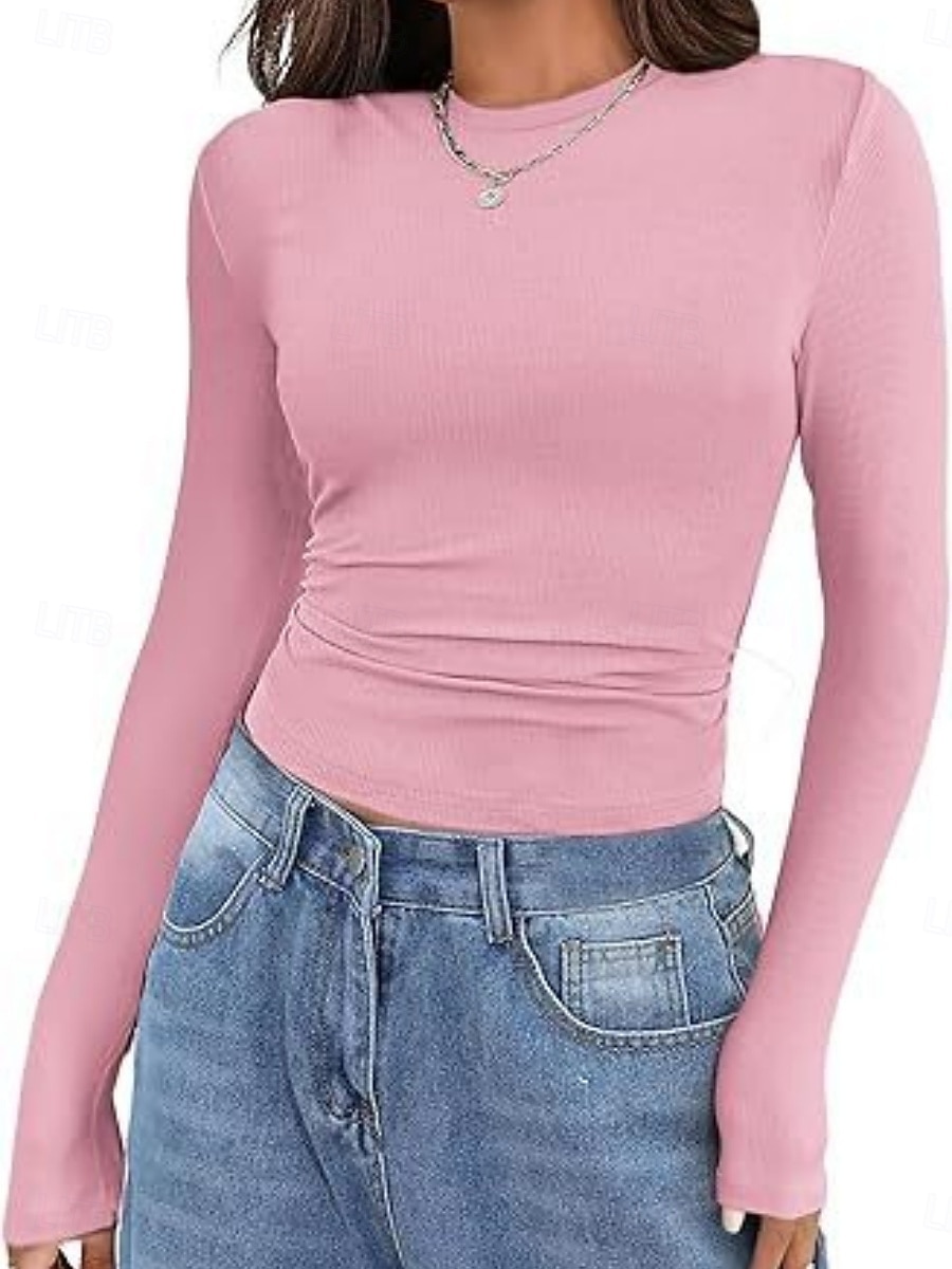 Damen Bluse Einfarbig Elegant Stilvoll Basic Langarm Rundhalsausschnitt Normale Oberteile Täglich Blau Schwarz Rosa Braun Beige Frühling Herbst Winter 2026 - $14.99 –P5