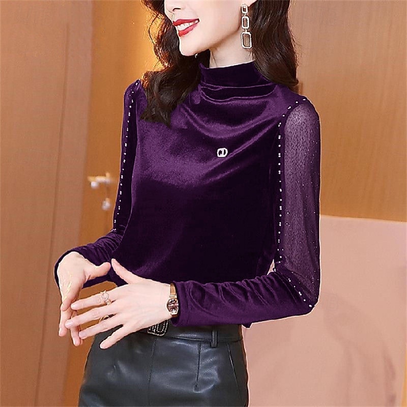 Dame Fløyel Bluse Dressy topper عادي Elegant Årgang damer Halvlange ermer Høyhalset Vanlige topper Arbeid Daglig Ferie Rynket Perler Netting Svart Rød Blå Lilla Høst Vinter 2025 - $23.99 –P5