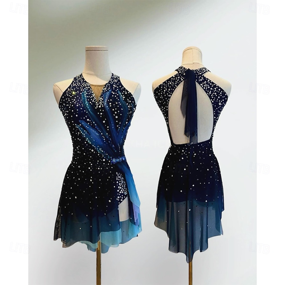 Taitoluistelupuku Naisten Tyttöjen Luistimet Hameet Musta / Sininen Tilkkutäkki Avoin selkä Spandex Silmukka Erittäin elastinen Kouluts Kilpailu Luisteluasu Klassinen Kristalli / Strassi Hihaton 2026 - $250.99 –P1