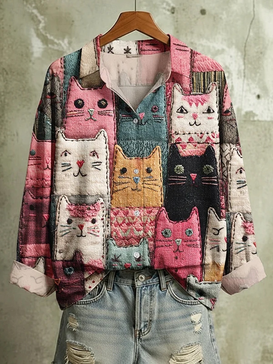 Damen Hemd Bluse Patchwork Knöpfe Druck Grafik Tiermotiv Katze Vintage Tropisch Stilvoll Langarm Hemdkragen Normale Oberteile Täglich Blau Rosa Sommer Frühling Herbst Winter 2026 - $32.99 –P1
