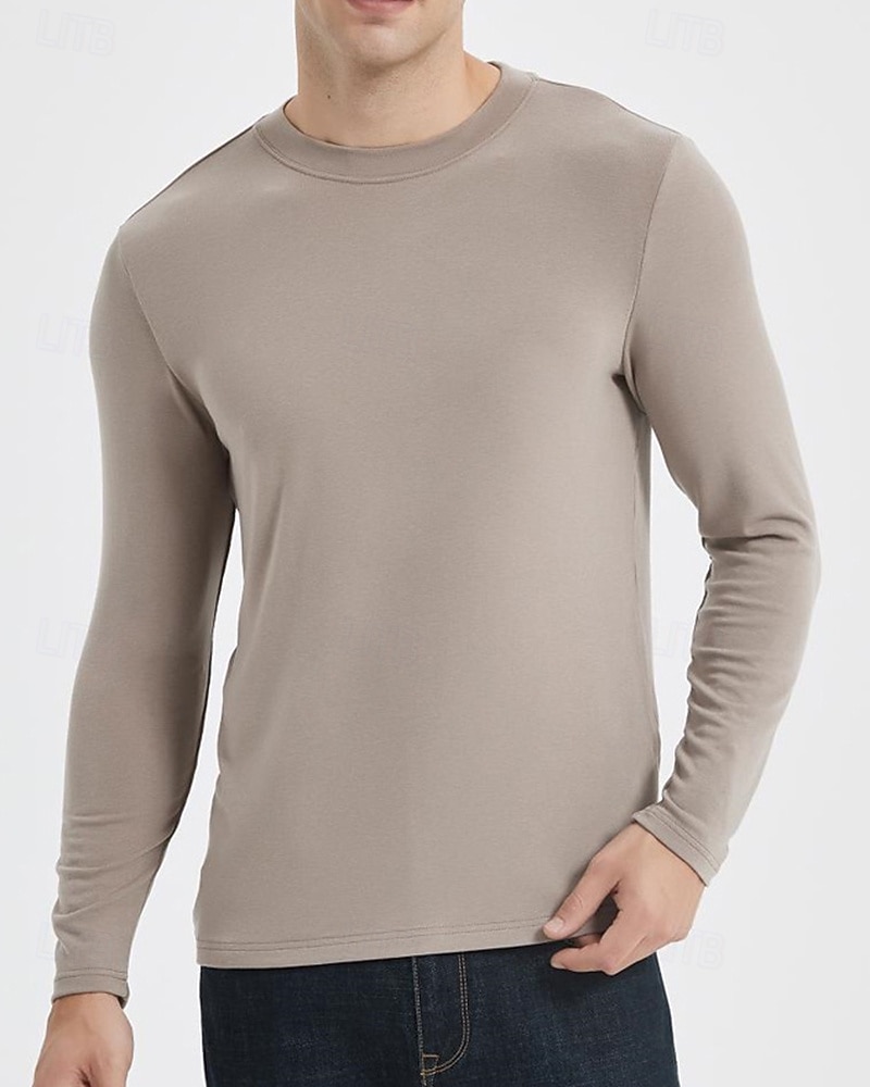 Men's Baselayer Thermal Shirts Long Sleeve Crew Neck Top Outdoor Thermal Warm Winter Autumn / Fall Polyester Black Khaki Beige Gym Workout Traveling 2026 - $35.99 –P11