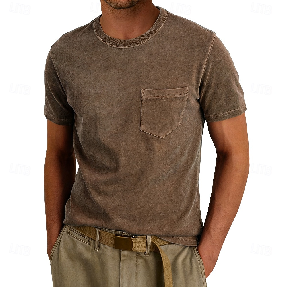 Herr T-shirt Tvätta skjorta i 100 % bomull Kortärmad Rund hals Sommar Vår Alla årstider Ensfärgat Elegant Vintage Neutral Ficka Crewneck Urblekt Ledigt Hem Utomhus Ljusblå Aprikos Svart Topp t-shirt 2026 - $20.99 –P2