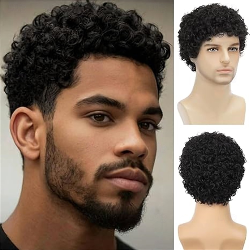 Afrokiharat tummanruskeat miesten lyhyet synteettiset halloween-cosplay-asuperuukit korvaavat hiusperuukit 2026 - $21.99 –P7
