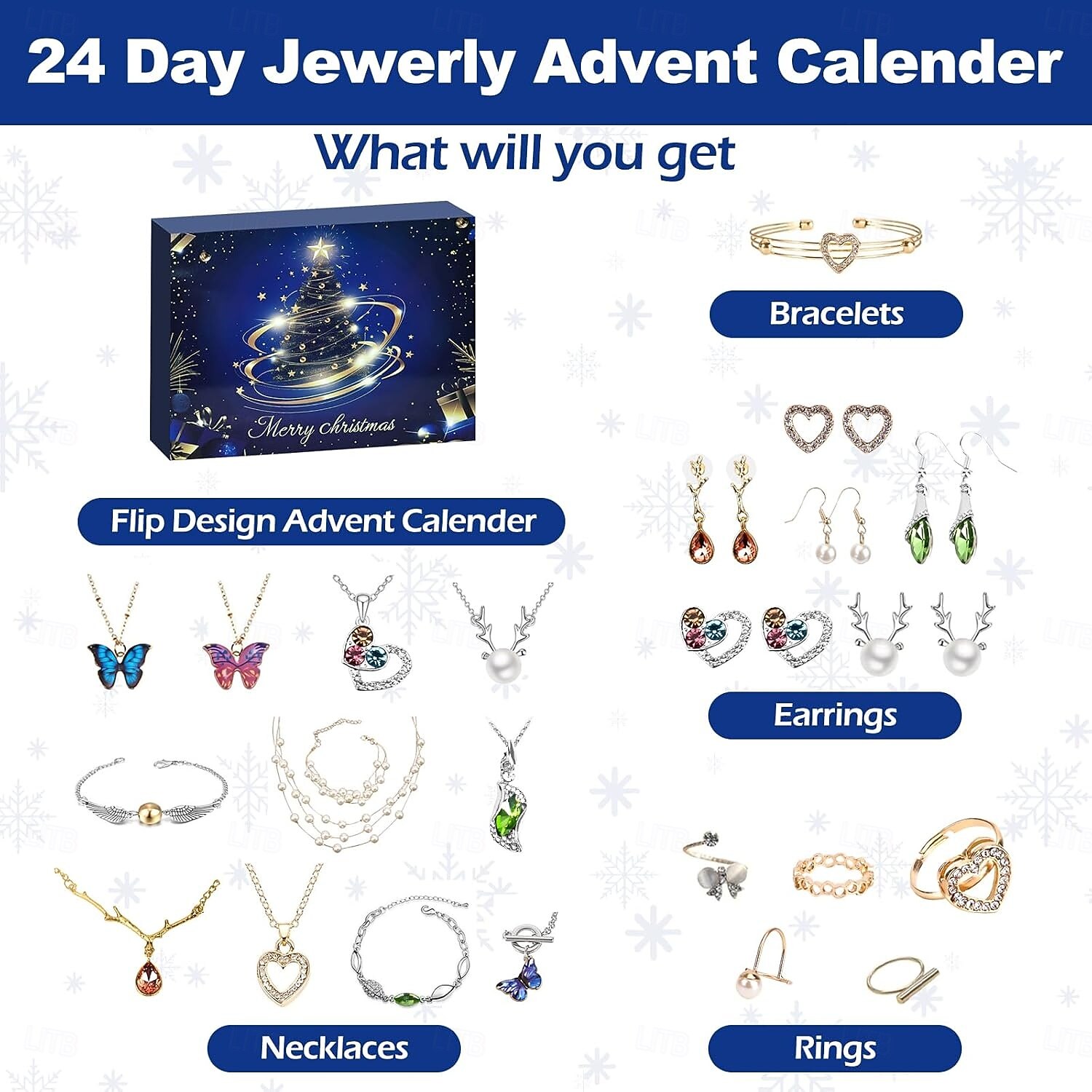 Kalendarz adwentowy z biżuterią 2025, kalendarz świąteczny 2025 dla kobiet z kolczykami, naszyjnikiem, pierścionkami i bransoletką, srebro i złoto, 25-dniowy kalendarz adwentowy z biżuterią dla kobiet 2025 - $31.99 –P5
