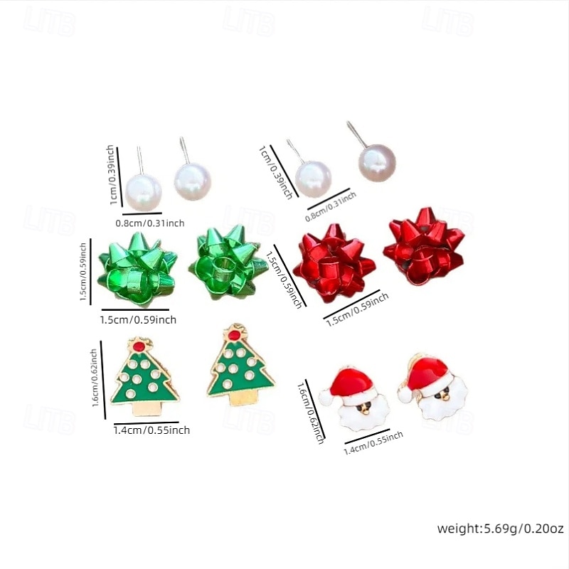 Conjunto de pendientes navideños: colección de joyas navideñas con lazos rojos y verdes, Papá Noel, árbol de Navidad y perlas. 2026 - $11.99 –P3