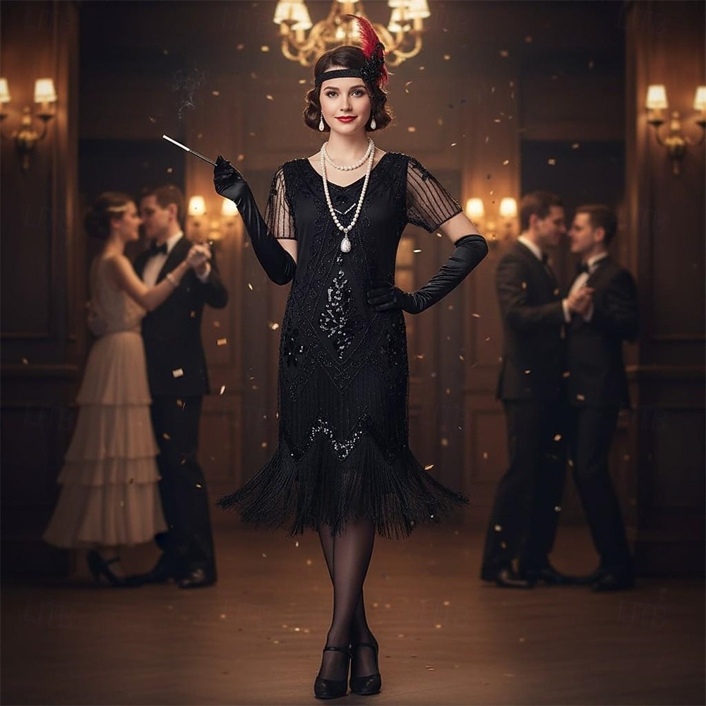 Set Anni Ruggenti Anni 1920 Lunghezza al ginocchio Abito Flapper Abito da cocktail Costume di fantasia con accessori Maniche corte Il grande Gatsby Ragazza Flapper Paillettes Frangia con nappe Scollo del 2026 a $57.99 –P1